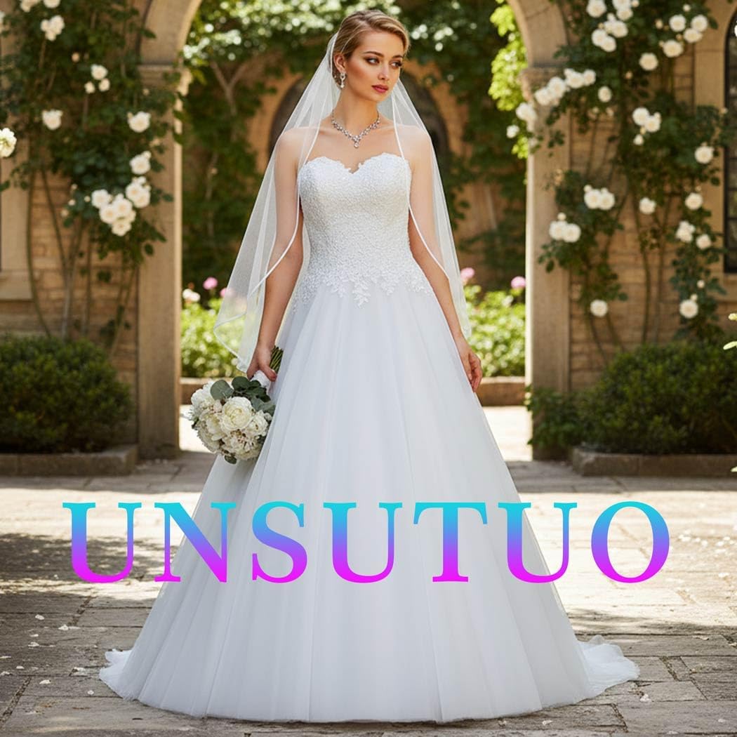 Unsutuo 1 Tier Bride Wedding Classic Veil Fingertip Veil Knee Length Bridal Tulle Veil with Comb and Ribbon Edge for Women