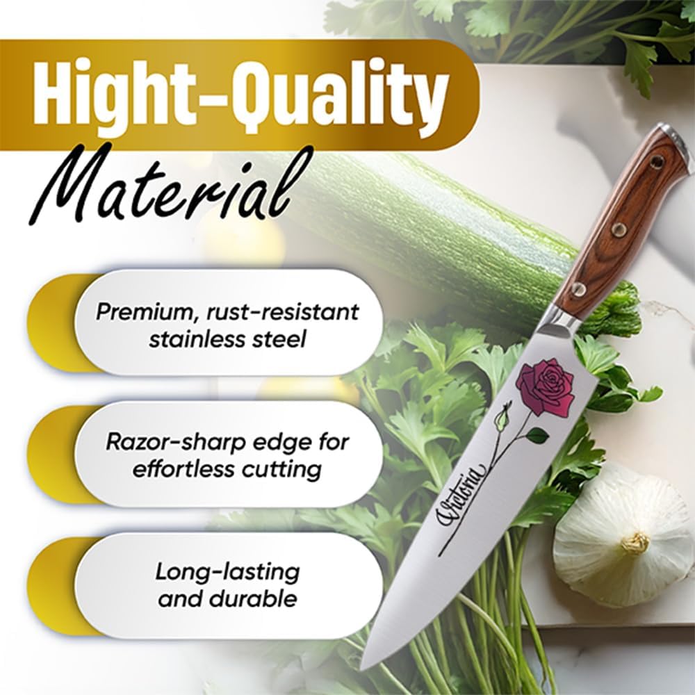 Shape28 Color Laser Engrave Custom Personalized Chef Knife with Blade Cover and Velvety Red Interior Box Premium Stainless Steel - Personalized for Wife, Mother, Friend with a Rose Design (Design#2)