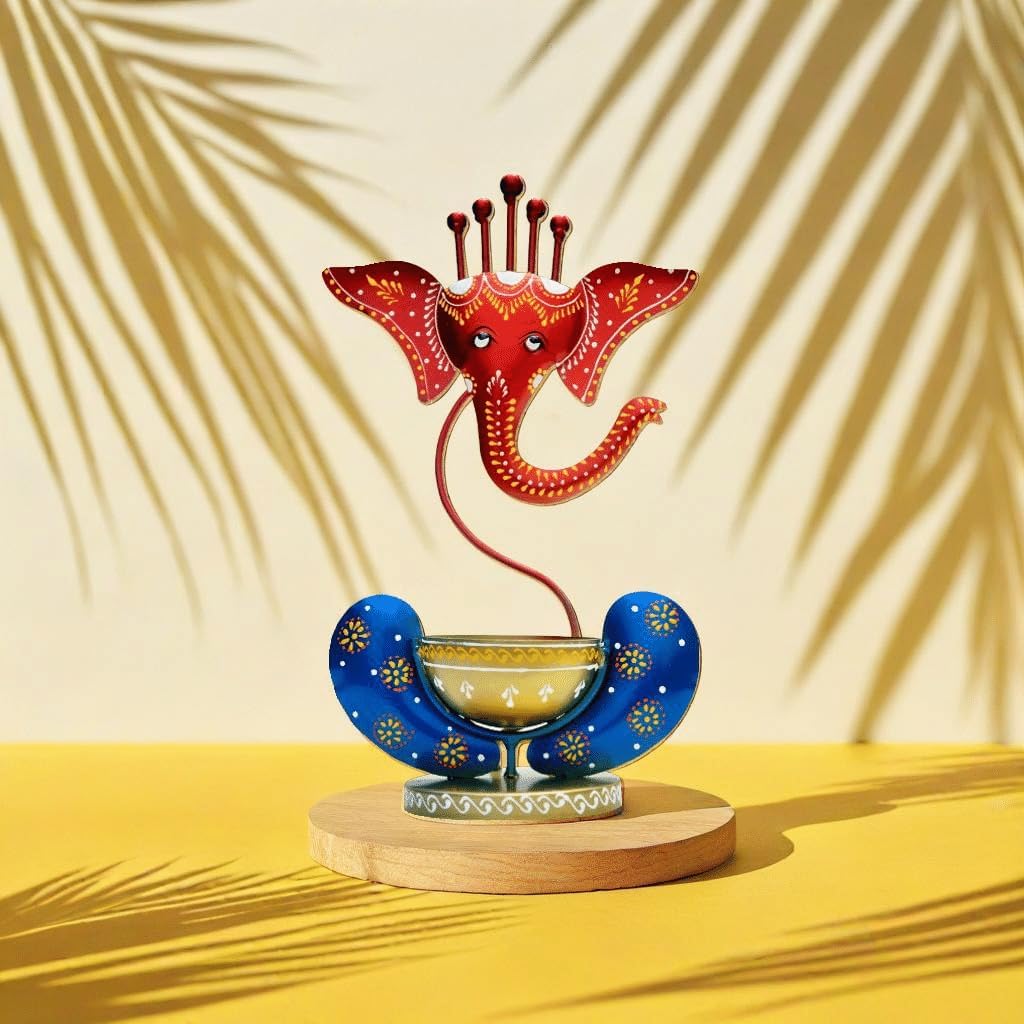 Ganeshji with Diya and Tea Light Holder- Pooja and showpiece for Home Decor | Ganesha Oil Diya with Base | Diyas for Puja | Ganesha Gifting (Red)