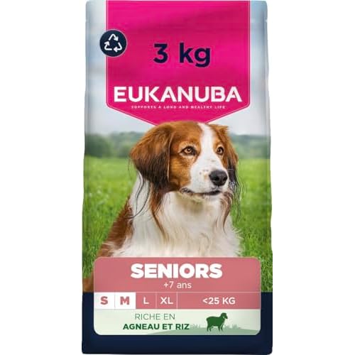 EUKANUBA Life Care Croquettes Chien Senior Petite Moyenne Races, Riche en Agneau & Riz, Glucosamine, Oméga 3&6, FOS, sans colorants, arômes artificiels ni OGM – 3 kg