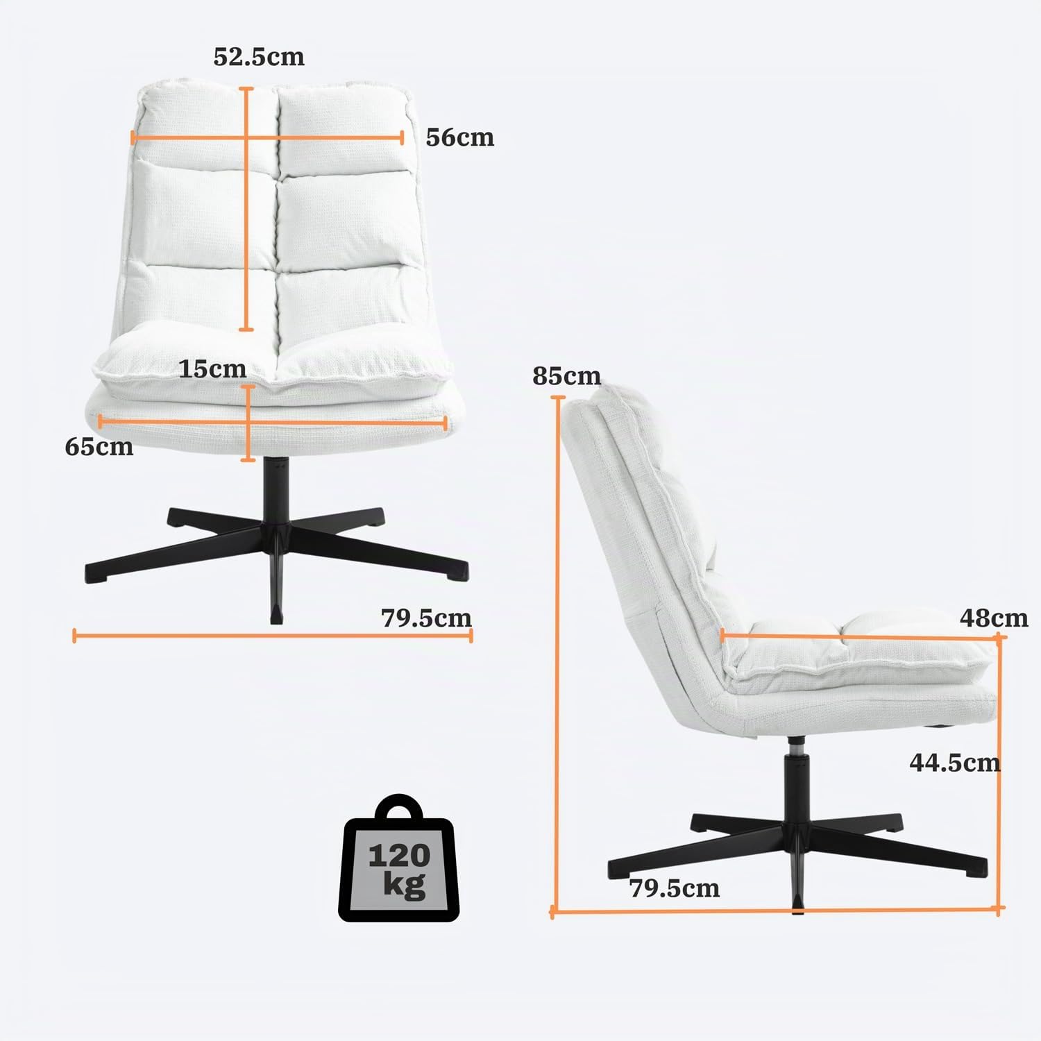 MEUBLE COSY Poltrona Imbottita Girevole a 360° Sedia da Salotto con Braccioli Poltroncina Relax con Schienale Pieghevole per Camera da Letto Soggiorno, Bianco, 65x79.5x85cm