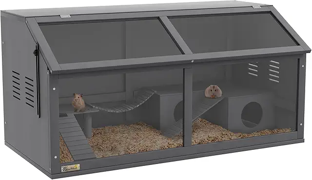 Cage à Hamster en Bois 100cm - Maison Spacieuse pour Rongeurs avec Pont Suspendu