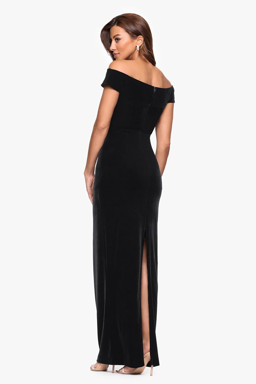 Xscape Women's Velvet Off The Shoulder Ruched Back Slit Floor Length Dress
