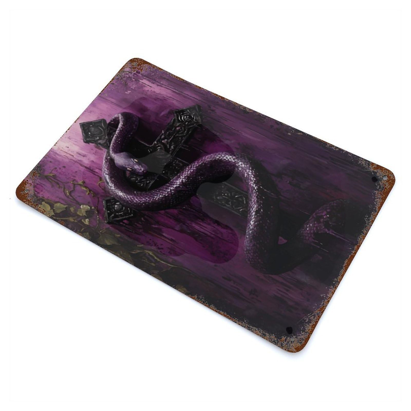 Purple Snake on Gothic Cross Rustic Tin Plaque 11.8"x7.9", Farmhouse Wall Decor for Shed, Workshop And Garage Wall Decor