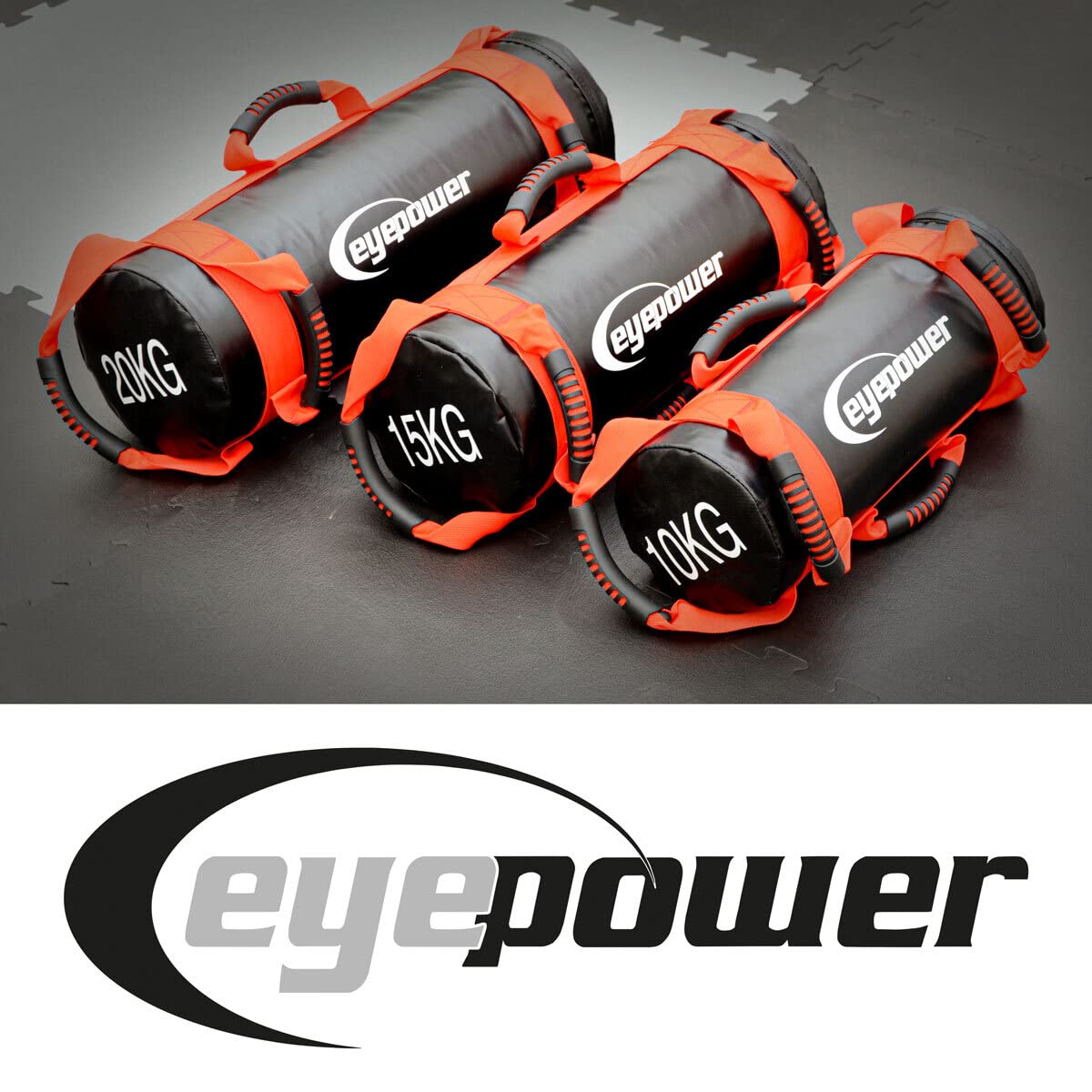 EYEPOWER 20kg Power Bag + 4 Pesi Kettlebell con Sabbia di Ferro - 6 Maniglie Fitness Sandbag per Allenamento Forza - 20x60 Borsa del Peso - Sand Bag per Sport in Casa - Attrezzi Palestra Box Squat