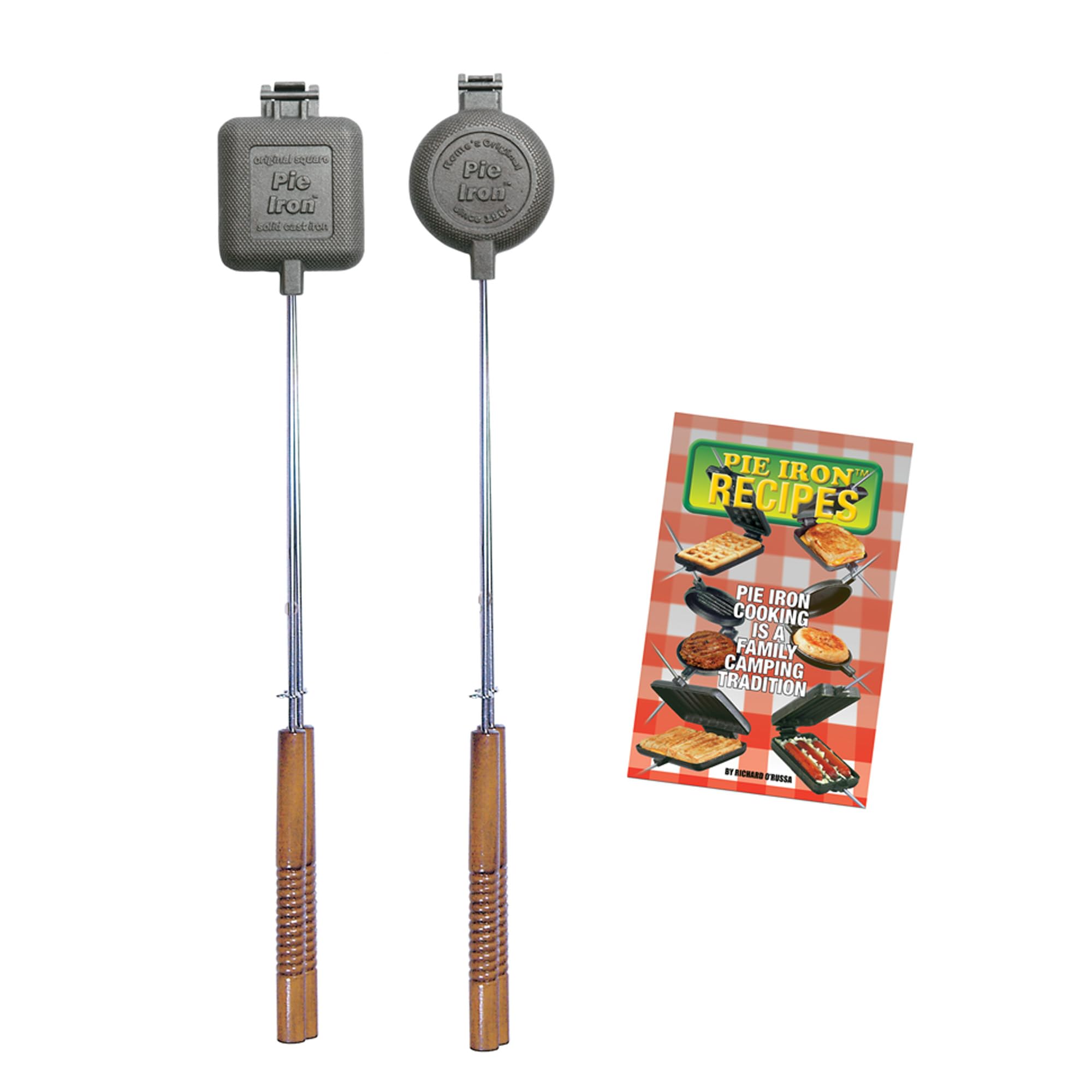 ROME Set of Square and Round Cast Iron Pie Iron Sandwich Cookers For Campfires and Firepit Use - Includes 64 Page Recipe Book