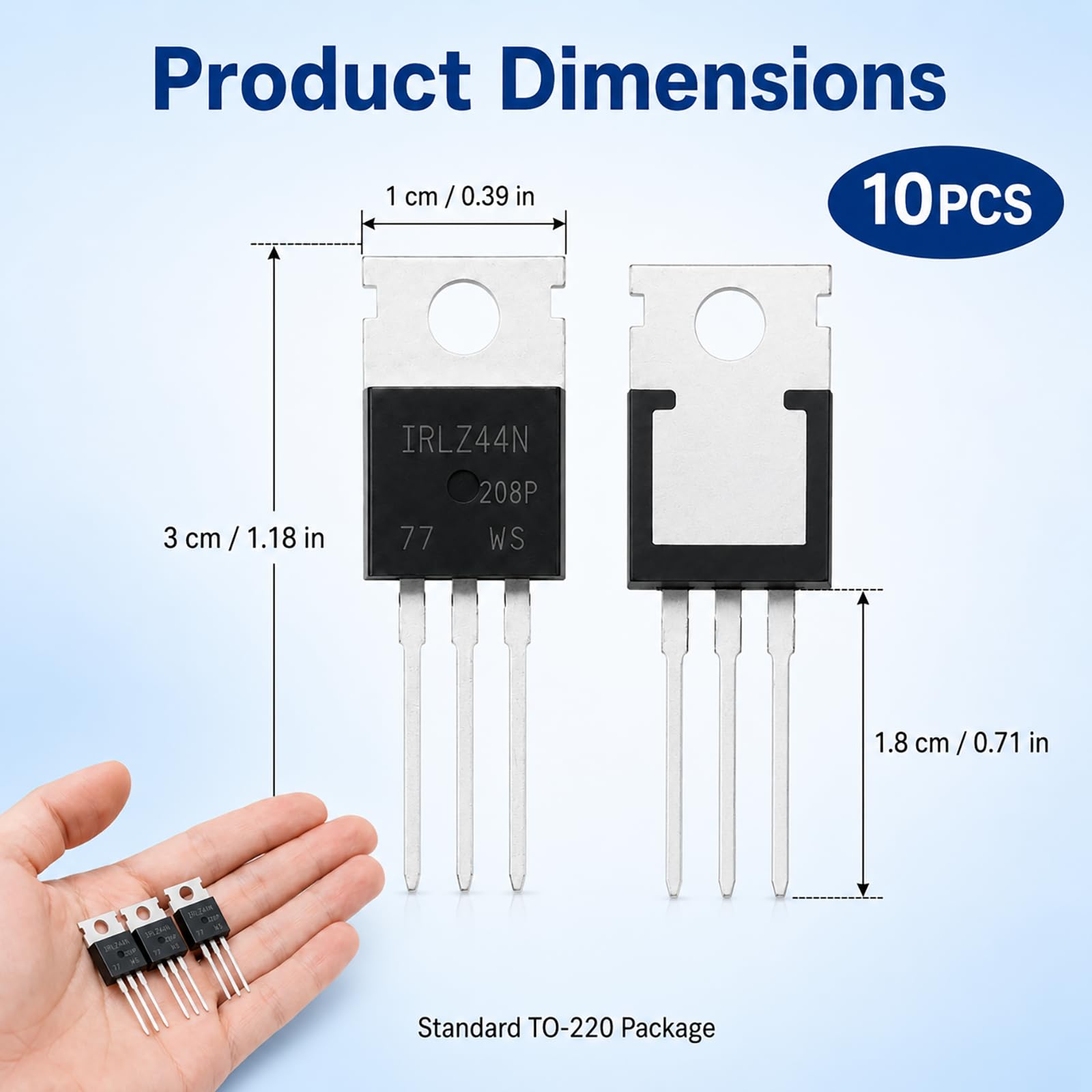 10 Stück IRLZ44N Transistor, N-Kanal MOSFET TO-220 55V 49A Logic Level Feldeffekttransistoren für Netzteile, Schaltungen, LED Steuerung und DIY Projekte, hohe Effizienz und schnelle Schaltleistung.