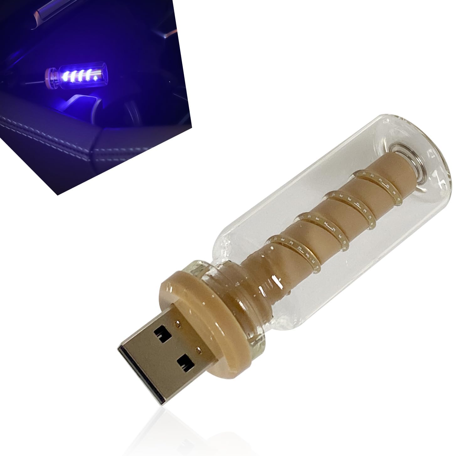 Car USB Light, Touch Adjust Brightness Glass Bottle Lamp, Plug Play Spiral Pattern LED Night Bulb, Universal Retro Ambient Lighting Decoration (Blue)