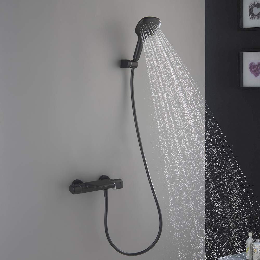 Conjunto de Ducha, Grifo de bañera Mural con Ducha, Mezclador termostático para bañera y Ducha, grifos de Ducha de latón con Ducha de Mano y Manguera, Color Negro.