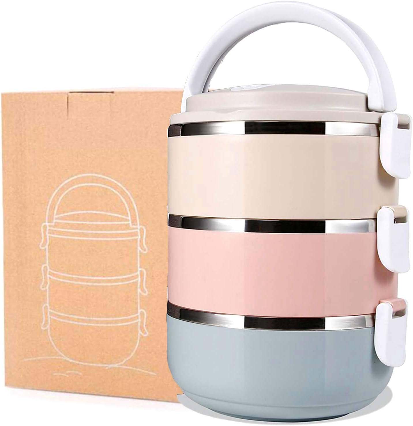 U-HOOME Thermal Bento Lunch Box - 2.1 Liters Stainless Steel Insulated 3 Layers Stackable for Children Adult School Office Picnic Food Container