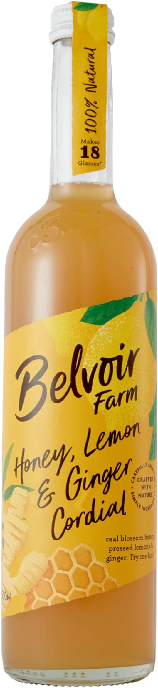 Belvoir Farm Honey, Lemon & Ginger Cordial | Real Blossom Honey | Pressed Lemon & Ginger | Makes 18 Glasses | 100& Natural | 500 ml (16.9 fl oz)