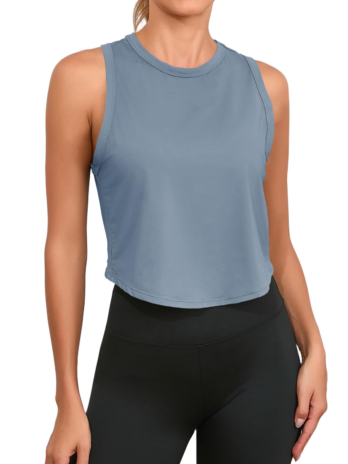 Fisoew Womens Workout Cropped Tank Tops Racerback Sleeveless Crewneck Running Yoga Active Shirts
