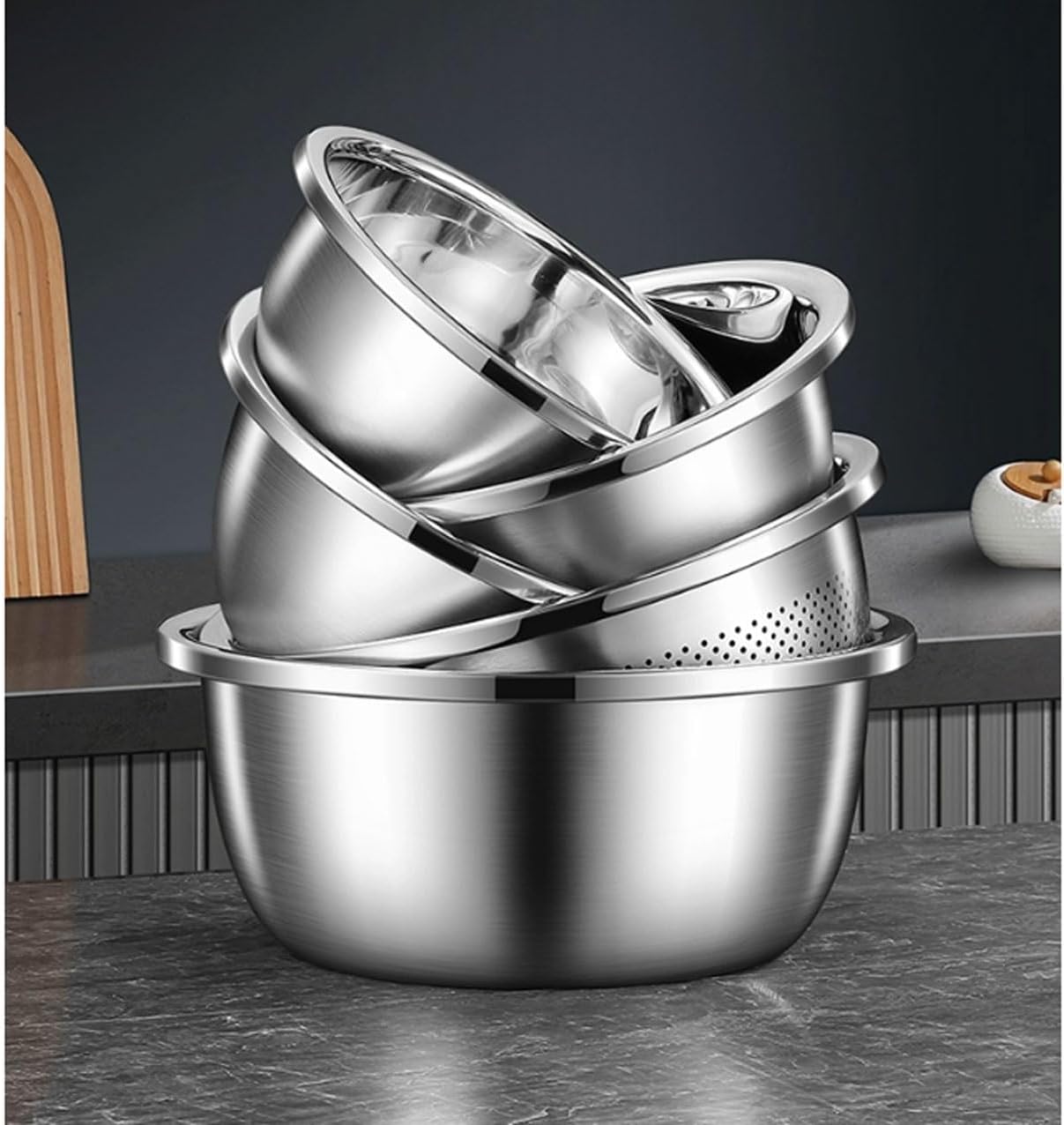 Mixing Bowls Salad Bowls Pots and Pans Cooking Baking Metal Nesting Storage Bowls 5 Piece Set Soup Bowls 304 Stainless Steel Barbecue Serving Trays，