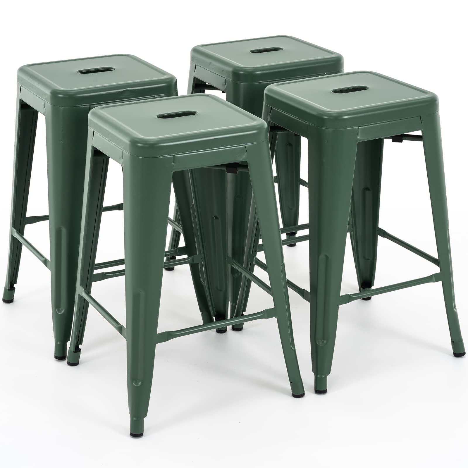Vogue Furniture Direct 24 Inch Metal Bar Stools, Backless Counter Height Barstools, Indoor Outdoor Stackable Stools with Square Seat, Set of 4 (Dark