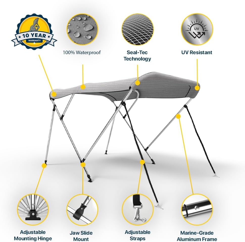 Seal Skin Covers 3 Bow / 4 Bow Bimini Top for Boats, Marine Grade Waterproof Canopy Cover with Frame, Durable Sun Shade Cover, Mounting Hardware, Rear Straps & Storage Boot