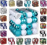 64x Kunststoff Christbaumkugeln Ø 6cm Kugel Box Glanz Glitzer Matt Dekor Inge inkl. Aufhänger, Farbe:Türkis-Weiß