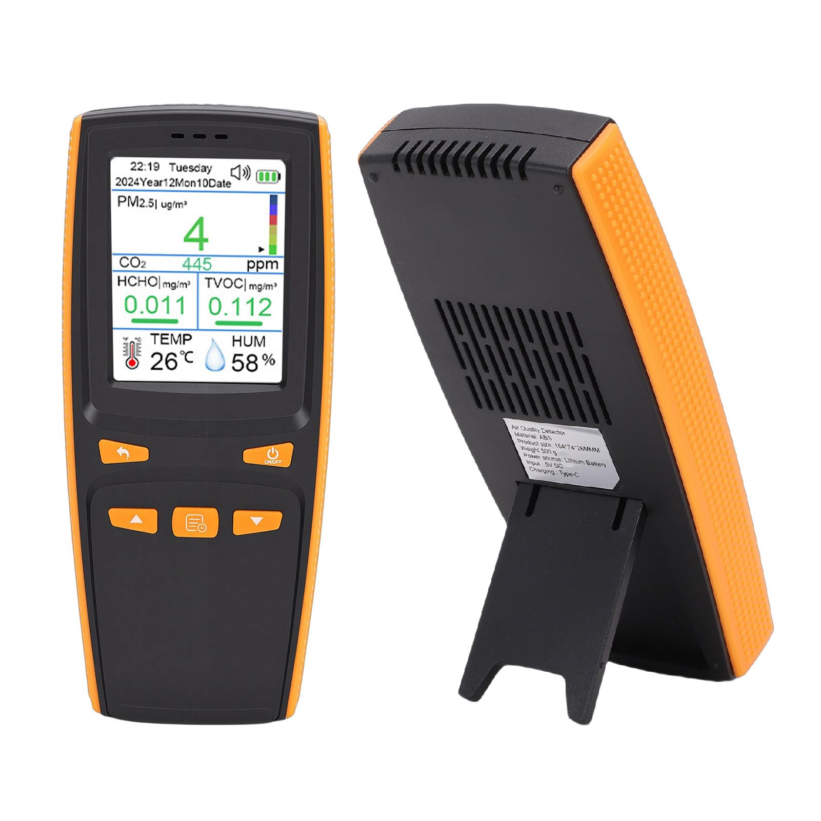 SEAFRONT Rilevatore di qualità Dell'aria con Supporto, Misuratore D'aria Interno Multifunzionale, Tester CO2 PM1.0 PM2.5 PM10 in Tempo Reale per Uso Domestico Batteria da 1500 MAh