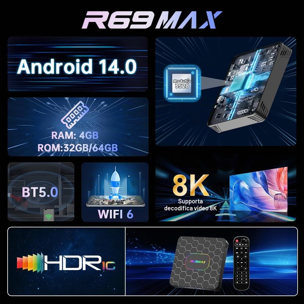 Android 14.0 TV Box, Box TV 4GB RAM 32GB ROM RK3528 Quad-Core Cortex-A53 8K Decoder, supporto 2.4G/5.0GHz Dual Wi-Fi 6 BT 5.0, USB 3.0/2.0, HDMI 2.0 Smart TV Box