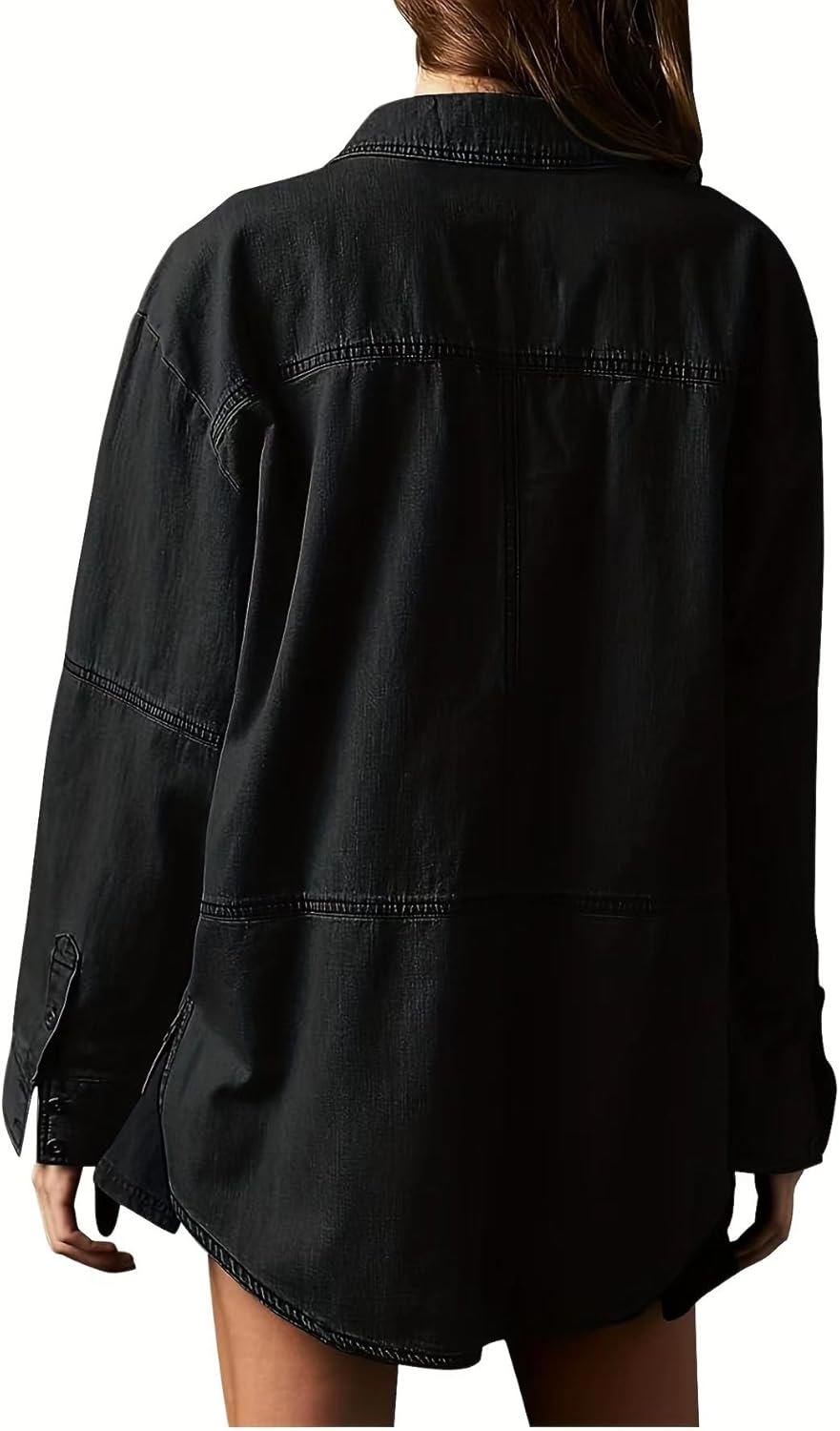 yoeasy Women's Denim Pullover Oversized V Neck Jean Shirt Loose Fit Long Sleeve Denim Jacket With Pocket - Image 4