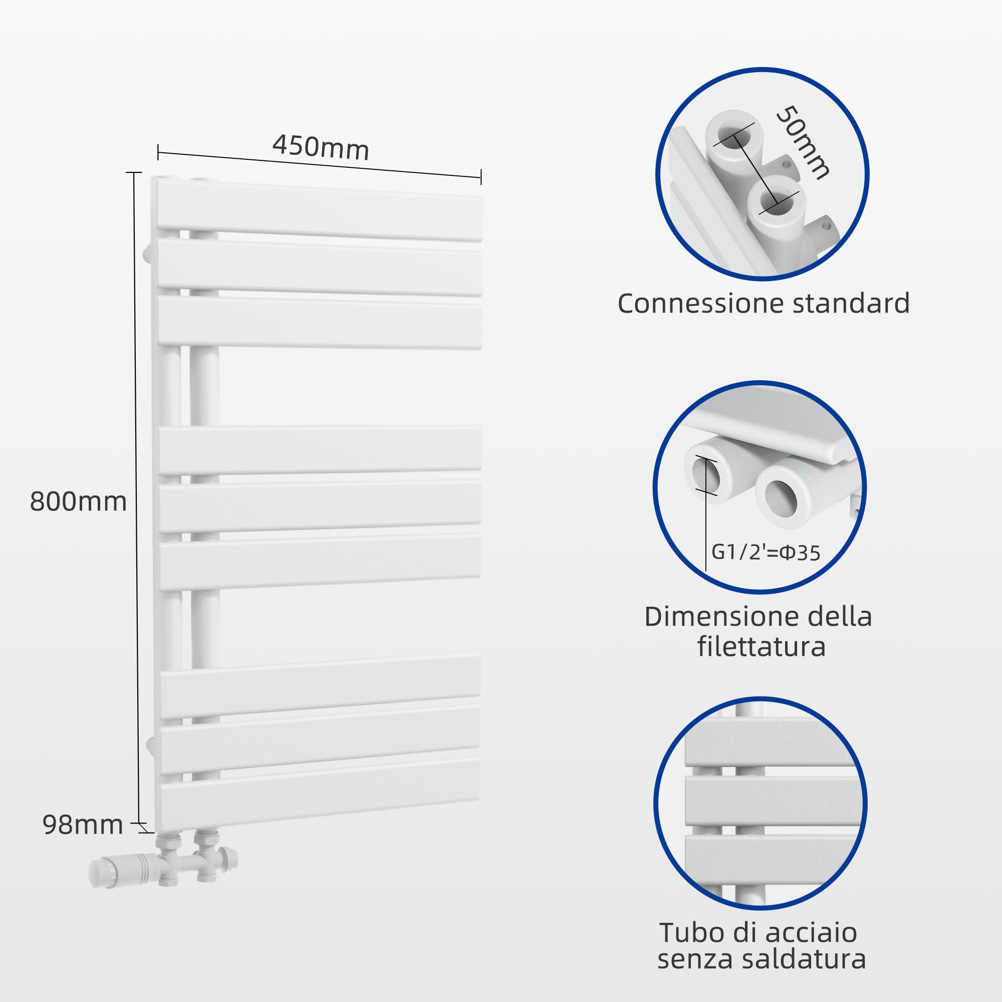 VANCOCO Radiatore da bagno per bagno, scaldasalviette, bianco, piatto, 800 x 450 cm, con attacco laterale 50
