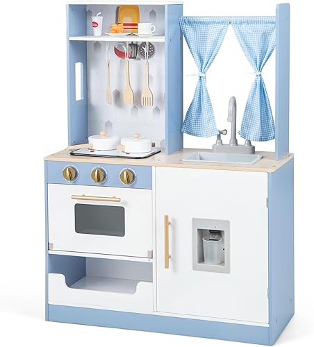 INFANS Juego de cocina para niños, juego de cocina de madera con luz y sonido realistas, estufa, fregadero, microondas, armario de almacenamiento,