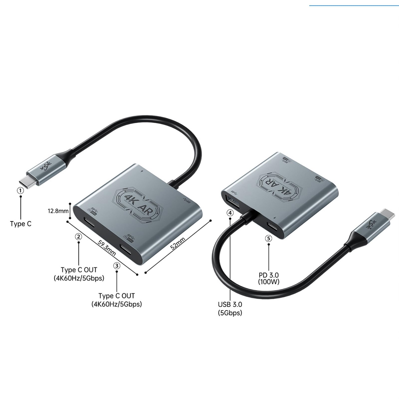 XAGMODSHN Adattatore Multiporta USB C Doppio Tipo Ricarica Trasferimento Dati 5 Gbps Lega Alluminio per Console Laptop Telefoni Dock USB Multifunzione per Dispositivi AR