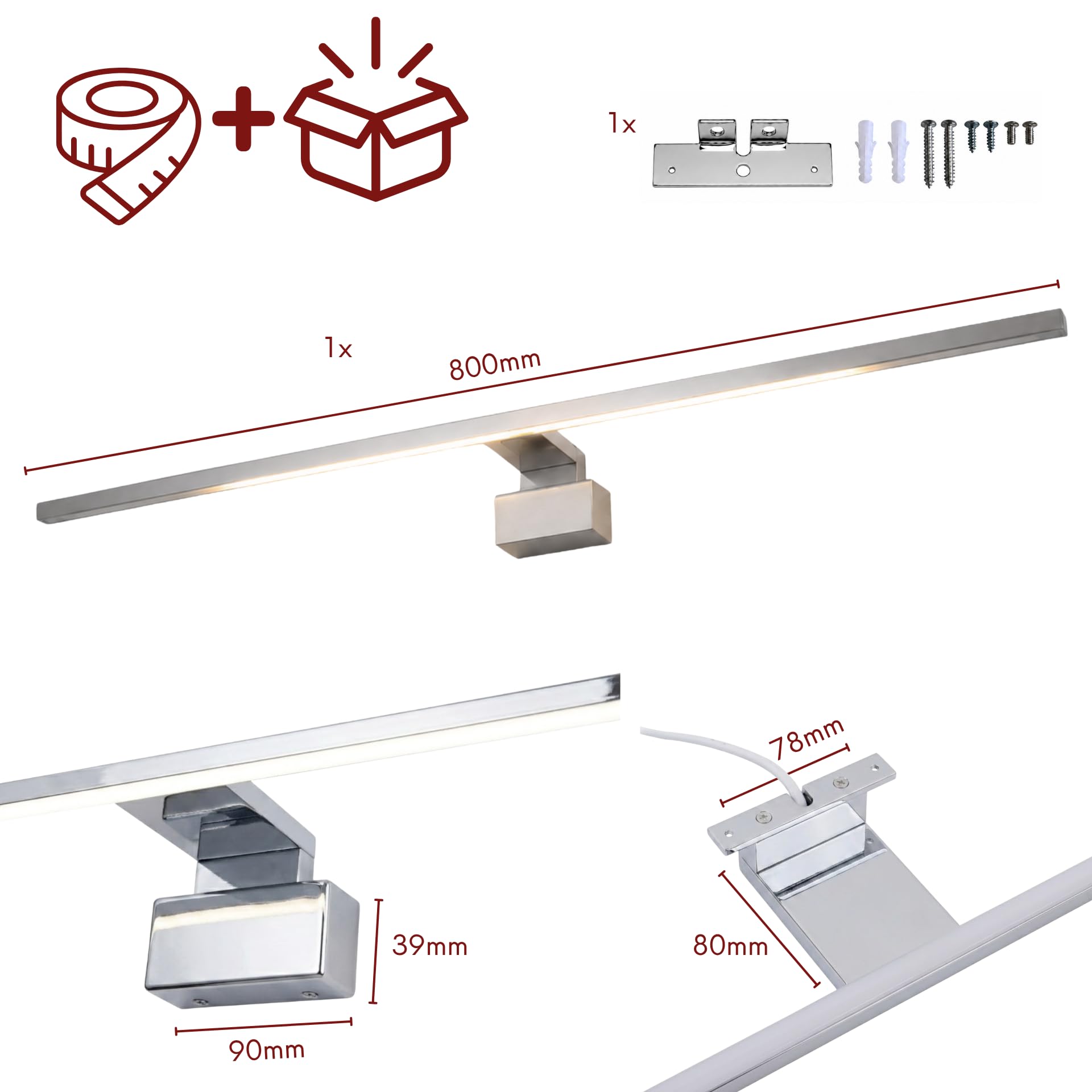 kalb LED Badleuchte Running Light 80 cm IP44 Spiegelleuchte mit Lichtlauf Effekt, 230V Badezimmerlampe für Wand oder Spiegelschrank, Schwarz/Chrom, 3000K/4000K (Chrom, Neutralweiß)