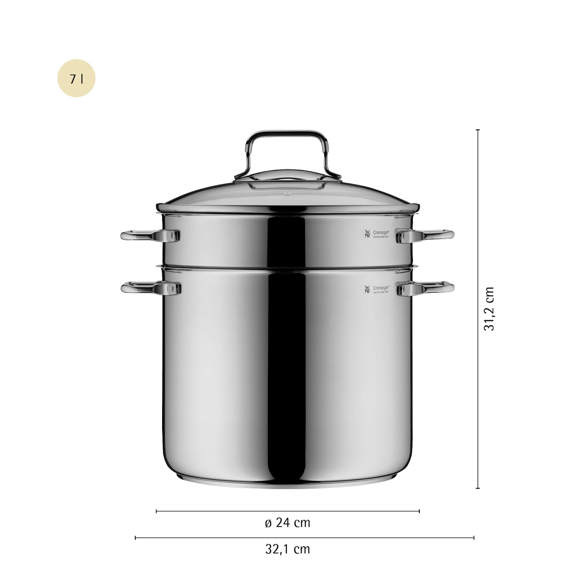 WMF Nudeltopf mit Sieb 24 cm Induktion, Kochtopf groß 7l, Spaghettitopf mit Glasdeckel, Cromargan Edelstahl poliert, Pastatopf