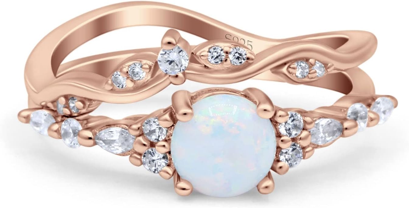 OMRANII Rose Tone, Lab Created White Opal Size-7 Two Piece Vintage Style Art Deco Wedding Engagement Bridal Set Ring Band Pear Round CZ 925 Sterling Silver