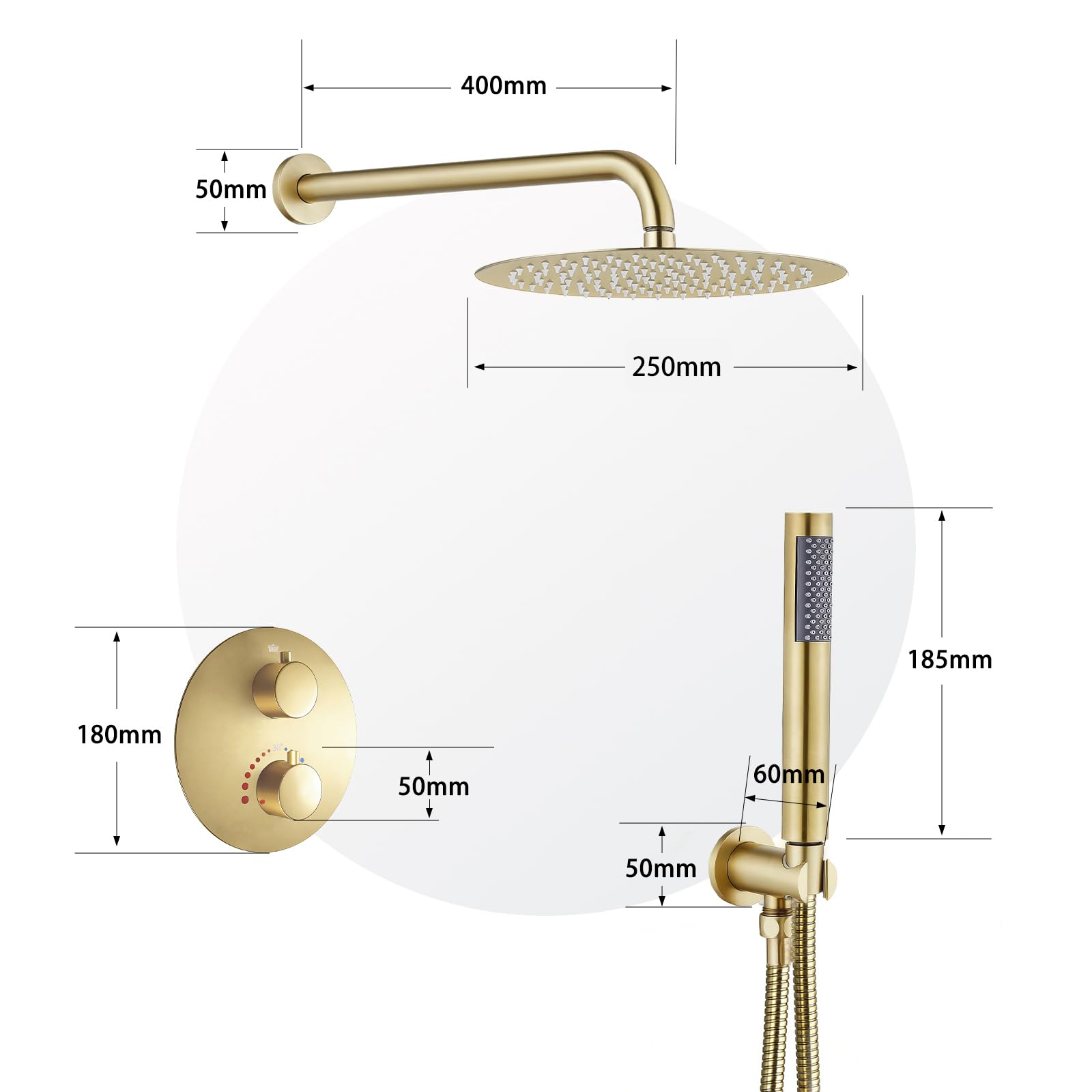 SaniteModar Ducha Empotrada con Termostato | Grifo Ducha Empotrado con Ducha de Lluvia 25cm y Rociador de Mano | Oro Cepillado