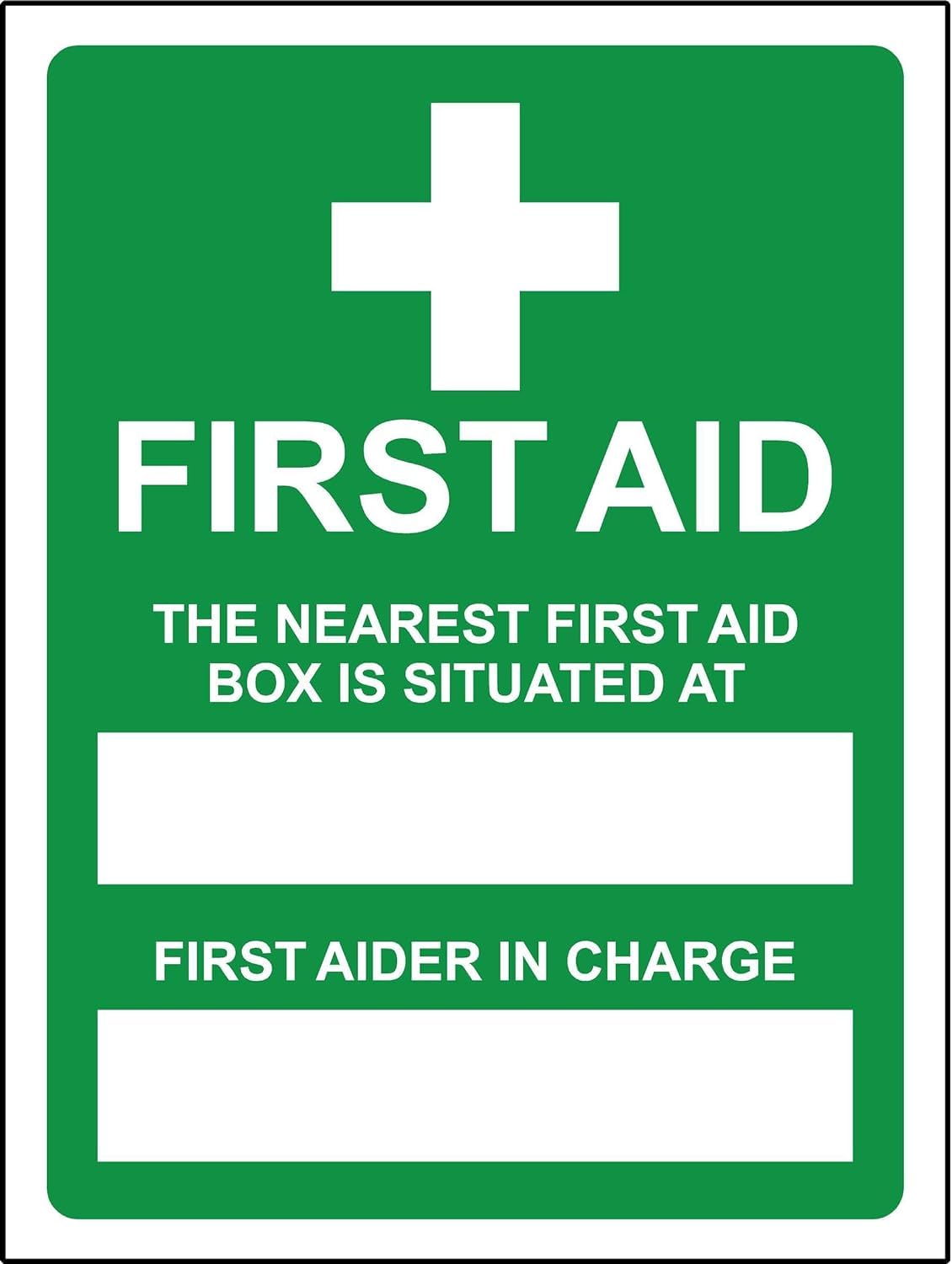 First aid Signs First aid The Nearest First aid Box is situated at Safety Sign - 1.2mm Rigid Plastic 200mm x 150mm Case (Pack of 5)