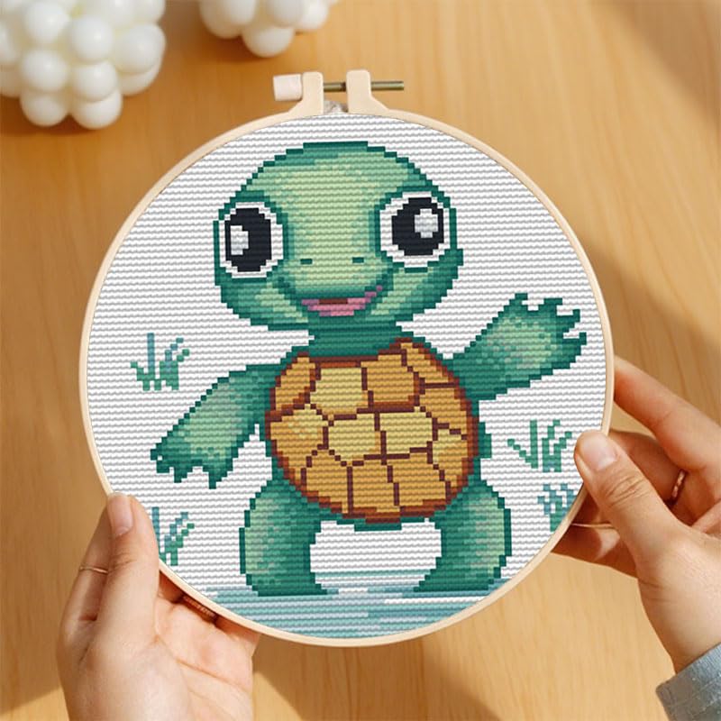 Image of Cartoon Simple Figure Sea Turtle 11CT Stamped Cross Stitch Kits with Hoop Easy for Beginners Child Needlepoint Counted Embroidery Kits Art Craft Wall Decor 12x12IN(4)