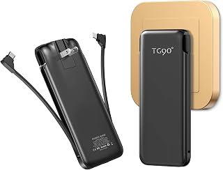 TG90° 10000mah Portable Charger with Built in Cables and AC Wall Plug, All in One Portable Phone Charger External Battery Packs Compatible with iPhone and Android Phones