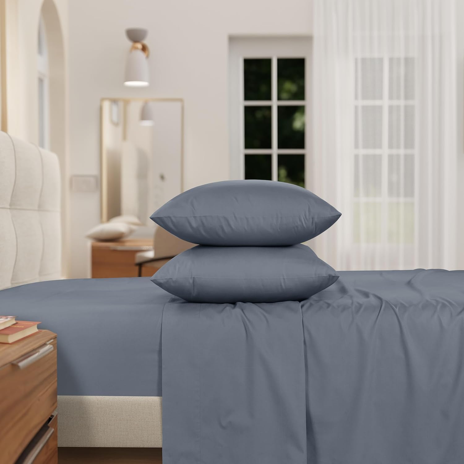 Izod 100% Egyptian Cotton Sheets Set King Size, Cotton Percale Crisp Sheet Set 4Pc, Lightweight & Deep Pocket fits Upto 17", Long-Staple Soft Combed, Hotel Style Luxury Bedding Sheet - Blue Slate - Image 2