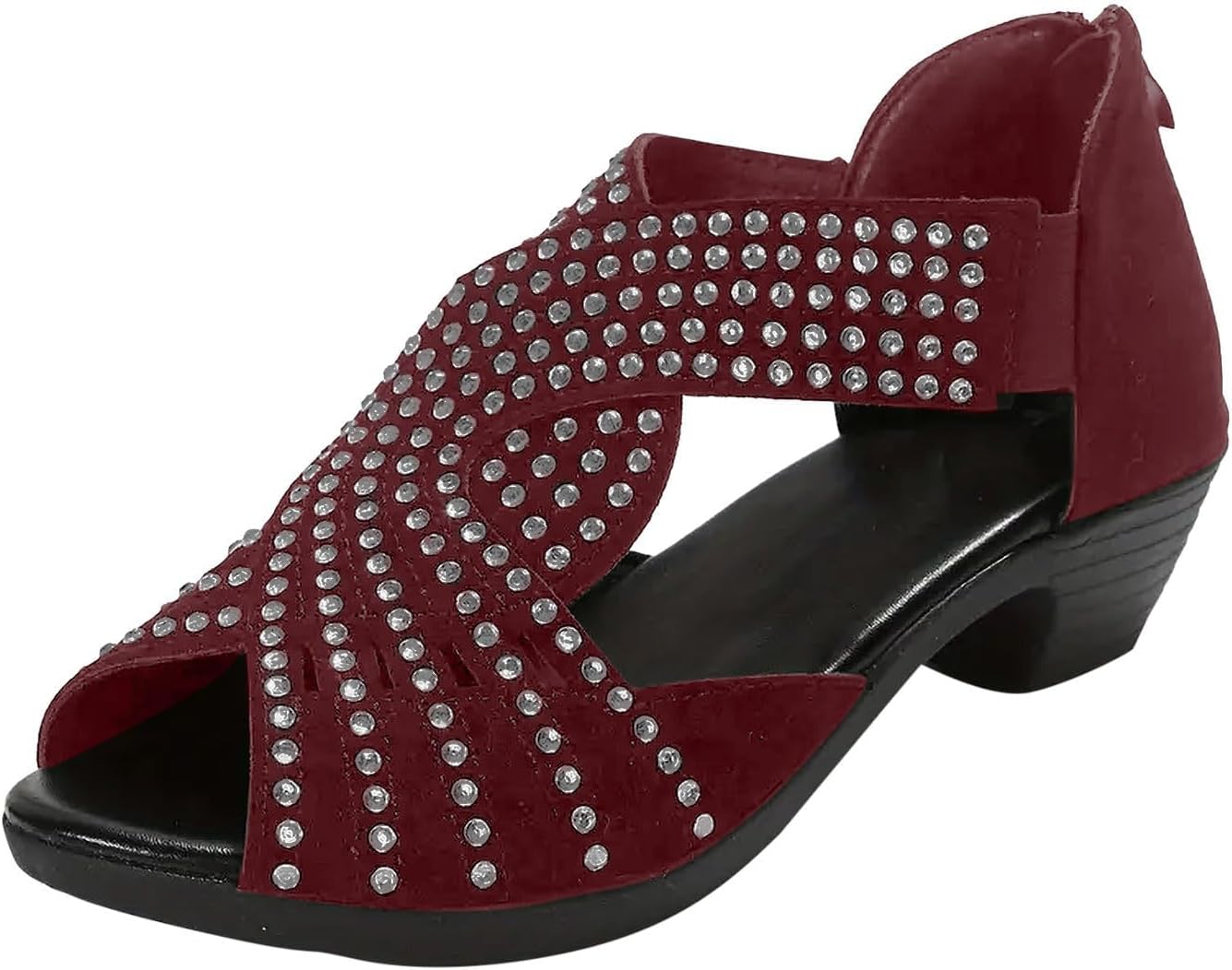 Hollow Out Peep Toe Sandals Cross Strap Glitter Zipper Roman Gladiator Casual Block Mid Chunky Heels Cut Stacked Comfortable Sandal
