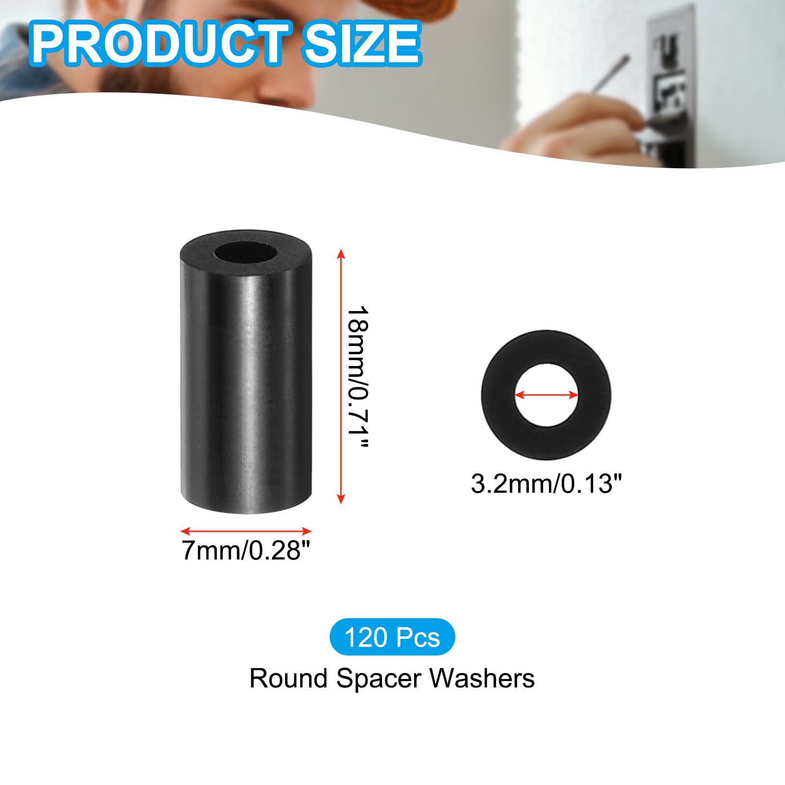 PATIKIL M3 Black ABS ID 3.2mm,OD 7mm,Length 18mm, Nylon Round Spacer Washers - Image 2