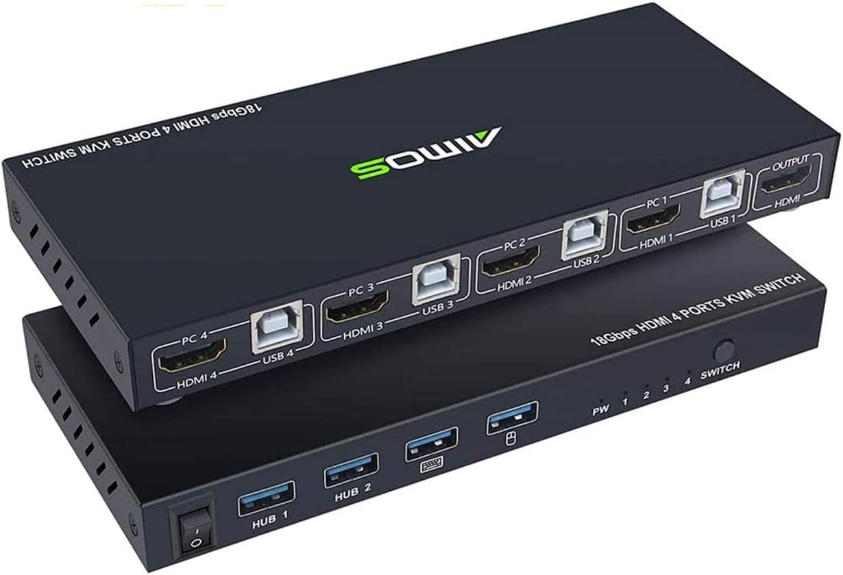 KVM Switch HDMI 4 Port Box, AIMOS HDMI 2.0 KVM Switcher Support Wireless Keyboard and Mouse Connections and with USB Hub Port, UHD 4K@60Hz & 3D & 1080P Supported