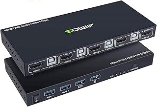 KVM Switch HDMI 4 Port Box, AIMOS HDMI 2.0 KVM Switcher Support Wireless Keyboard and Mouse Connections and with USB Hub Port, UHD 4K@60Hz & 3D & 1080P Supported