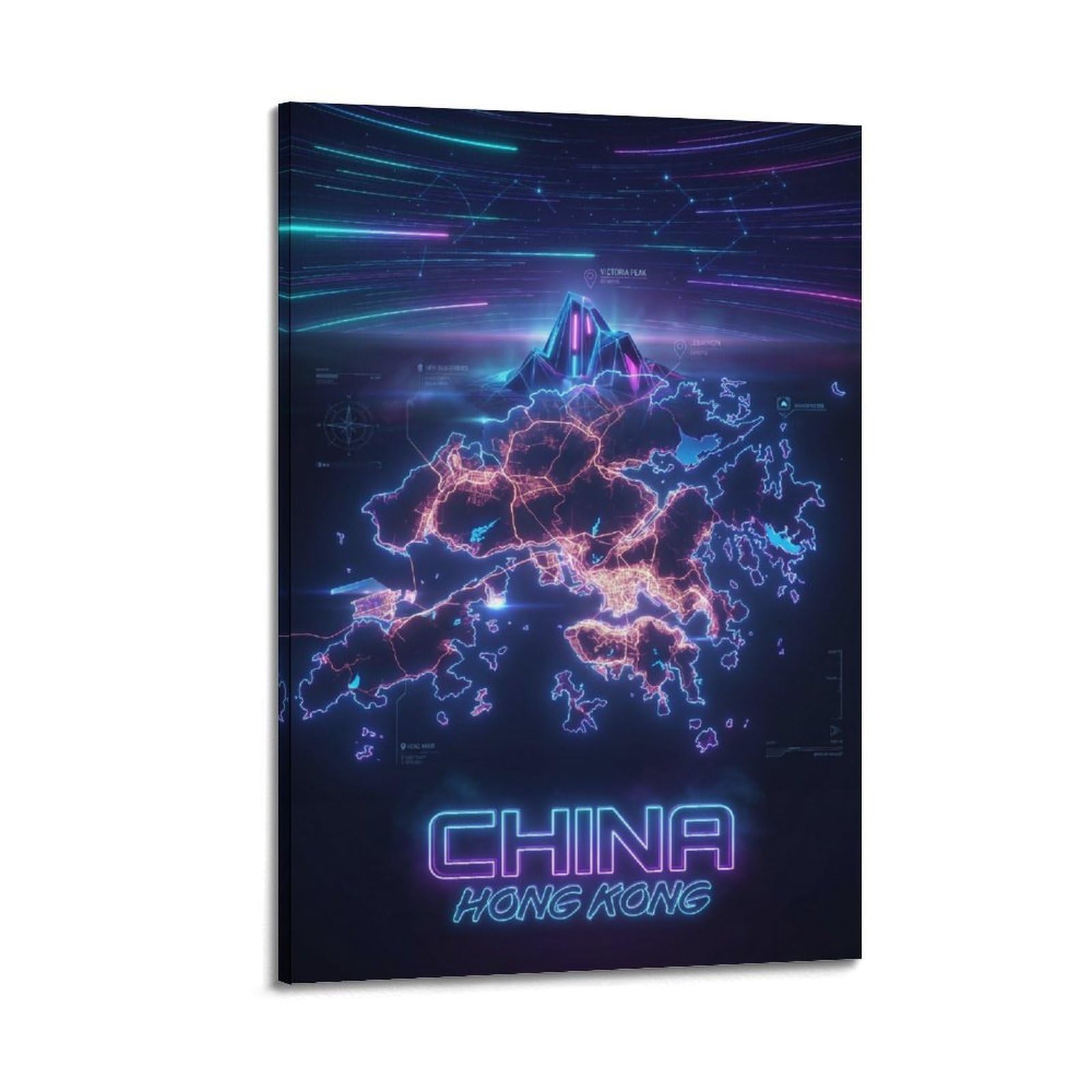 XKUGA Hong Kong Cyberpunk Map Poster China Cityscape Modern Decorative Canvas Prints - Ideal Wall Art for Family, Man Cave, Game Room, Boys & Girls Bedroom 20x30inch(50x75cm)