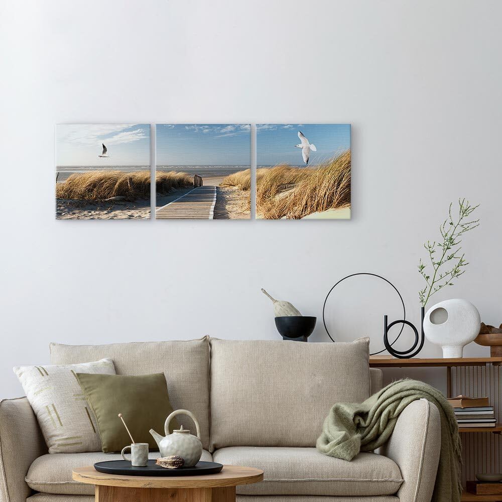 decomonkey Cuadro Lienzo Set Playa Mar Arena Gaviotas 60x20 cm 3 piezas | Impresión sobre material tejido no tejido, decoración de cuadro de pared, gráfica fotográfica, para salón