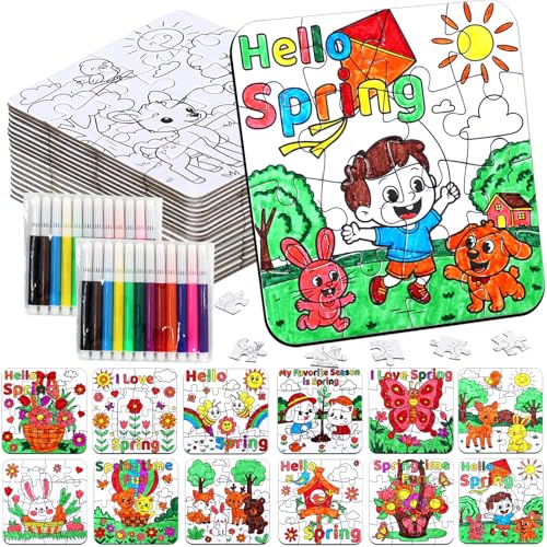 24Pcs Spring Crafts for Kids & Adults Bulk, Spring toddler Art and Craft DIY Puzzle Kits with Flower Butterfly Bee Bunny, Easter Jigsaw for School Classroom Activity April Party Favors & Gift Supplies