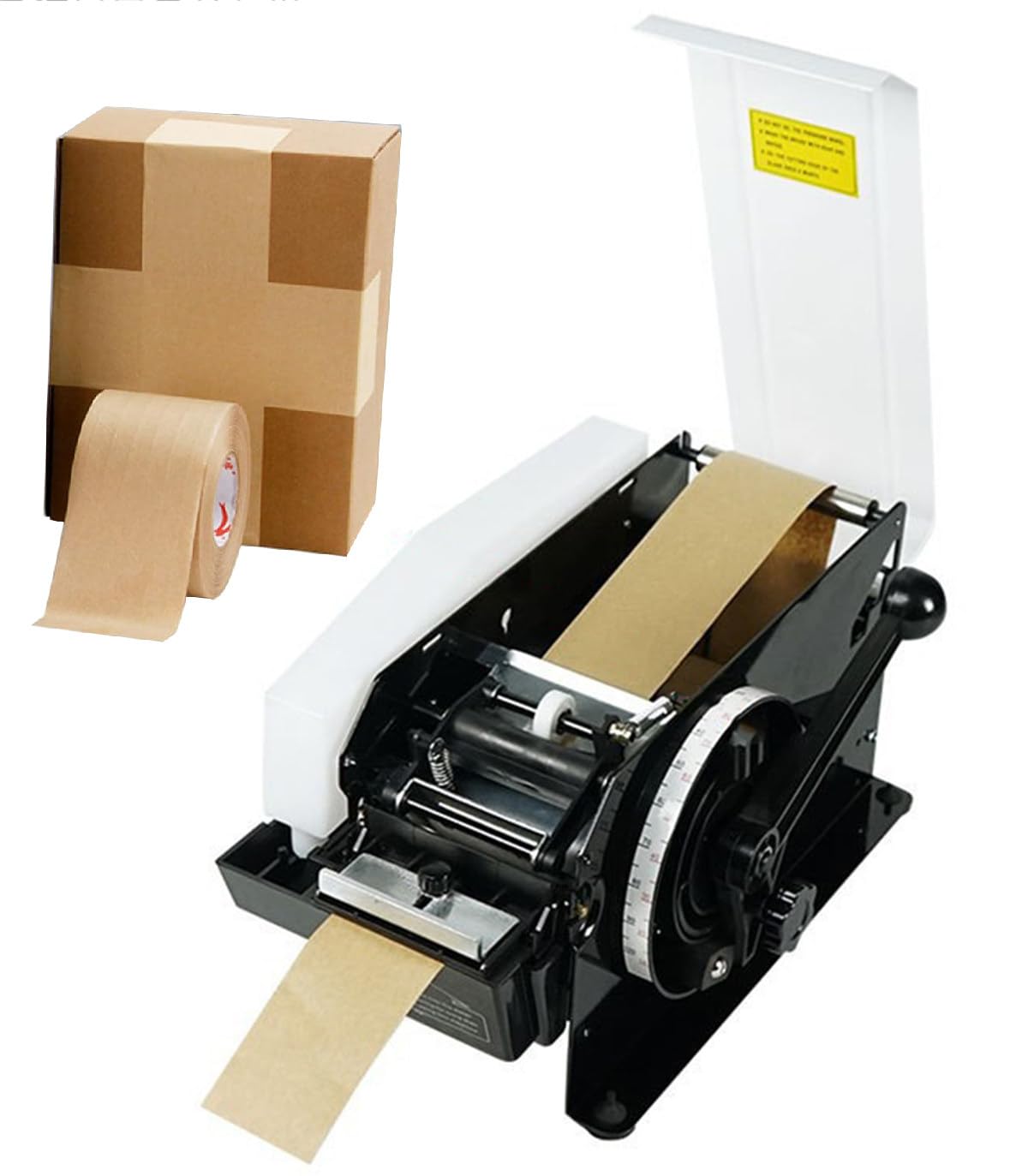 Distributeur de ruban kraft gommé, semi-automatique pour rubans de 100 mm de largeur, coupe précise et évacuation uniforme de l'eau, idéal pour une utilisation en entrepôt
