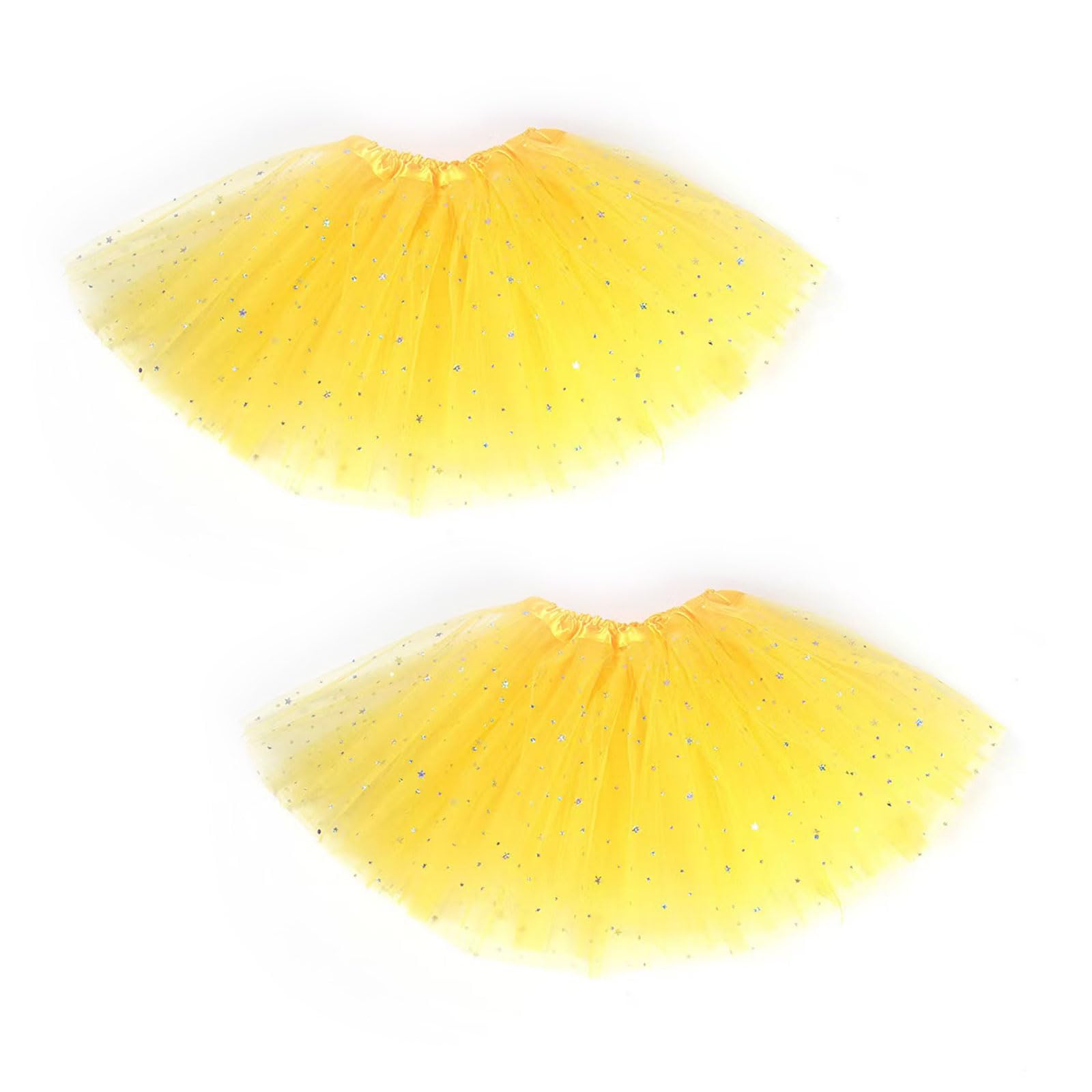 EUPSIIU 2 Pcs Women's Tulle Tutu Skirt, Adult Short With Sequin Stars, Classic Elastic 3 Layered Ballet Dance Skirt for Parties (Yellow)