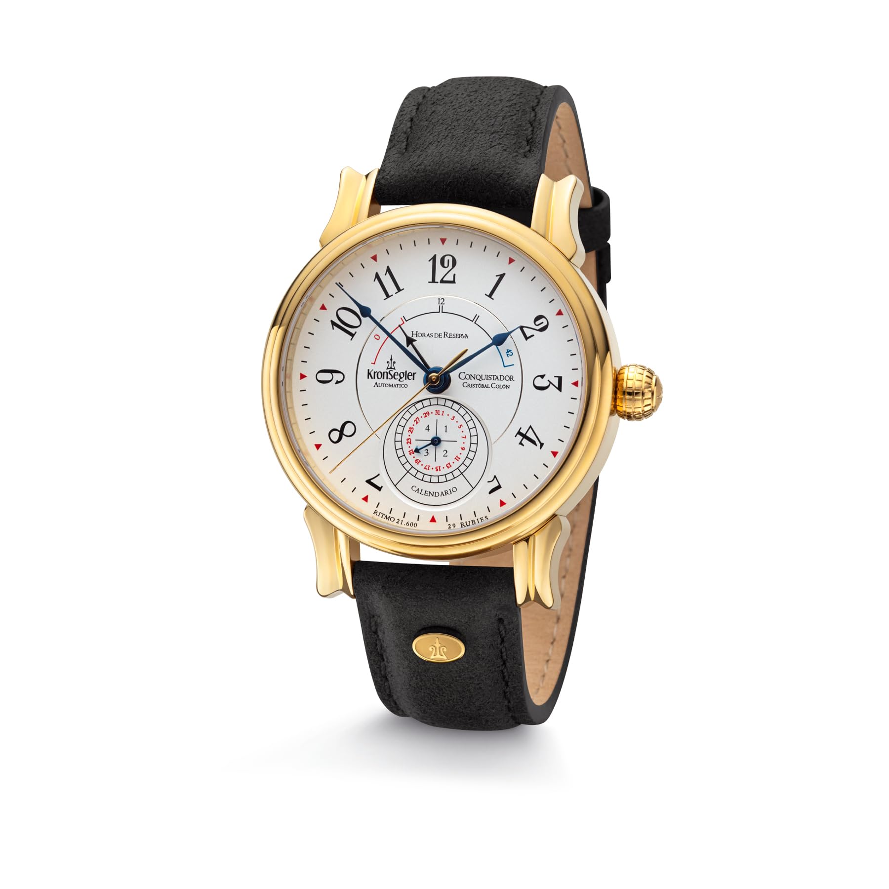 Kronsegler Conquistador Gold - weiß | Automatik Herrenuhr mit Gangreserveanzeige | Saphirglas, Zeigerdatum, Lederband, Faltschließe