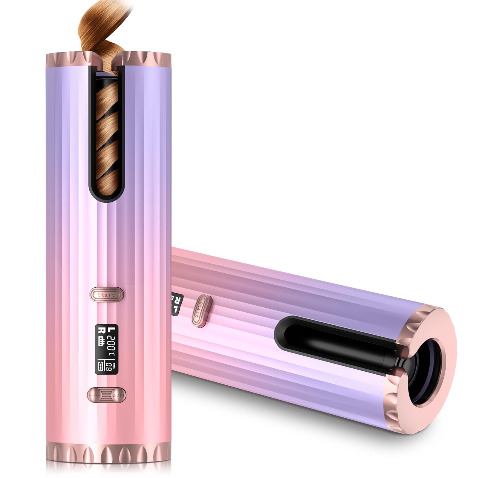 Fer à Friser Automatique, Boucleur a Cheveux Portables, Fer à Boucler Sans Fil Bigoudi Anti-Brûlures, 6 Minuterie/Température, USB Rechargeable, Affichage de LCD (Coloré)