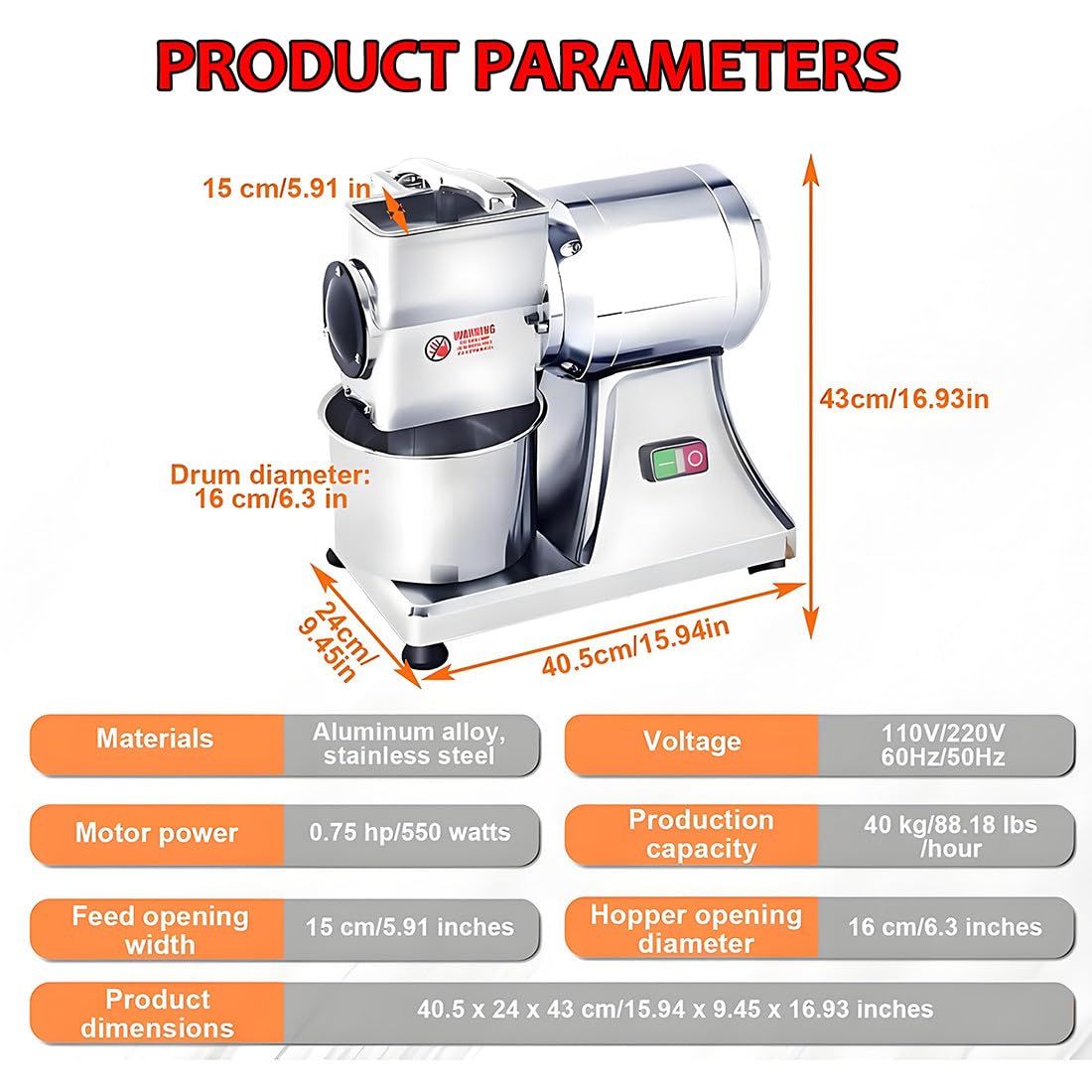 Grattugia elettrica per formaggio, 550 W, resistente, in acciaio inox, per grattugiare formaggio, arachidi, pangrattato, ideale per uso commerciale