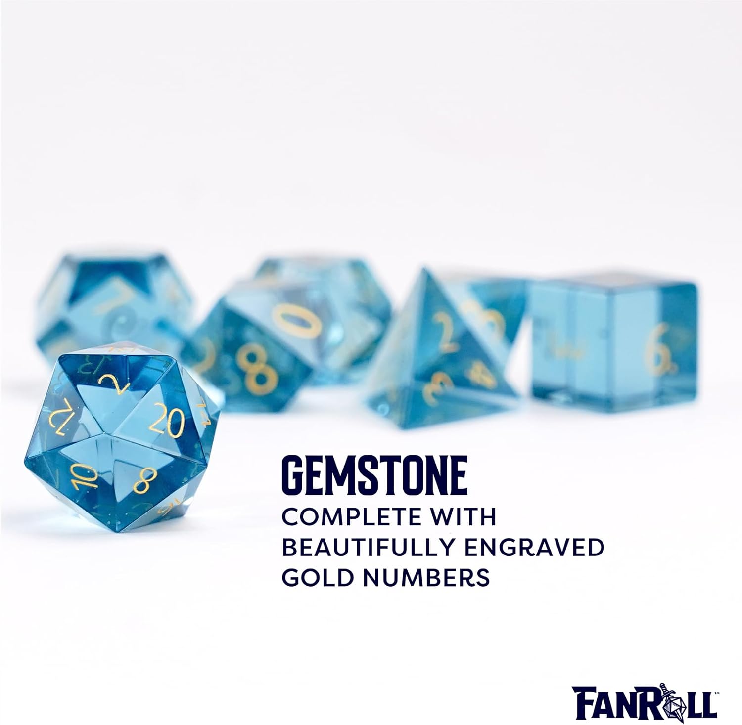 FanRoll 16mm Birthstone Stone Poly DND Dice Set: Engraved March Aquamarine, Role Playing Game Dice for Dungeons and Dragons