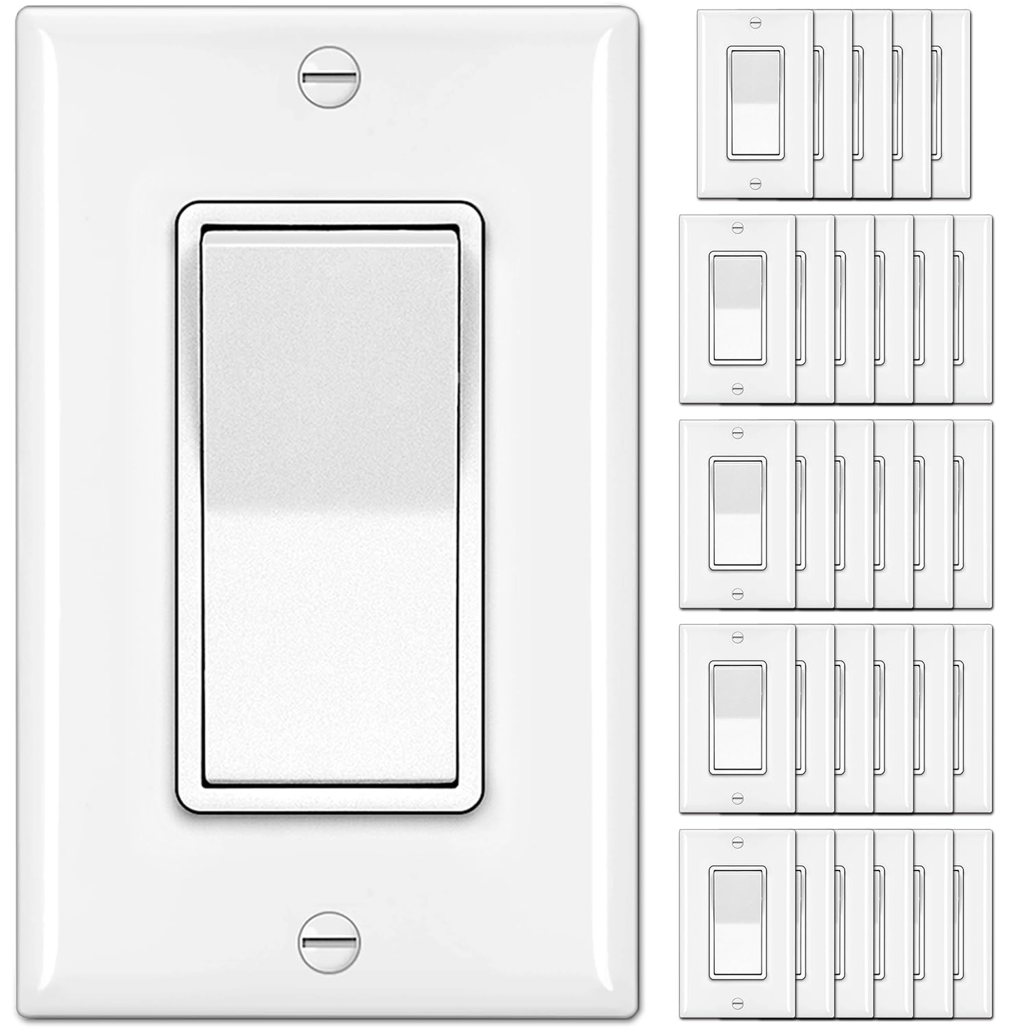 BESTTEN 30-Pack Single Pole Decorator Rocker Light Switches, 15A 120/277V UL Listed White w/ Wall Plates
