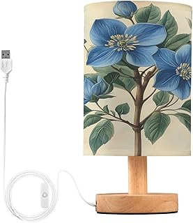 Lámpara de mesita de Noche Vintage con diseño de Flor de Jacinto Azul, luz LED de Escritorio con Pantalla de Tela, pequeña para Dormitorio y Sala de Estar.