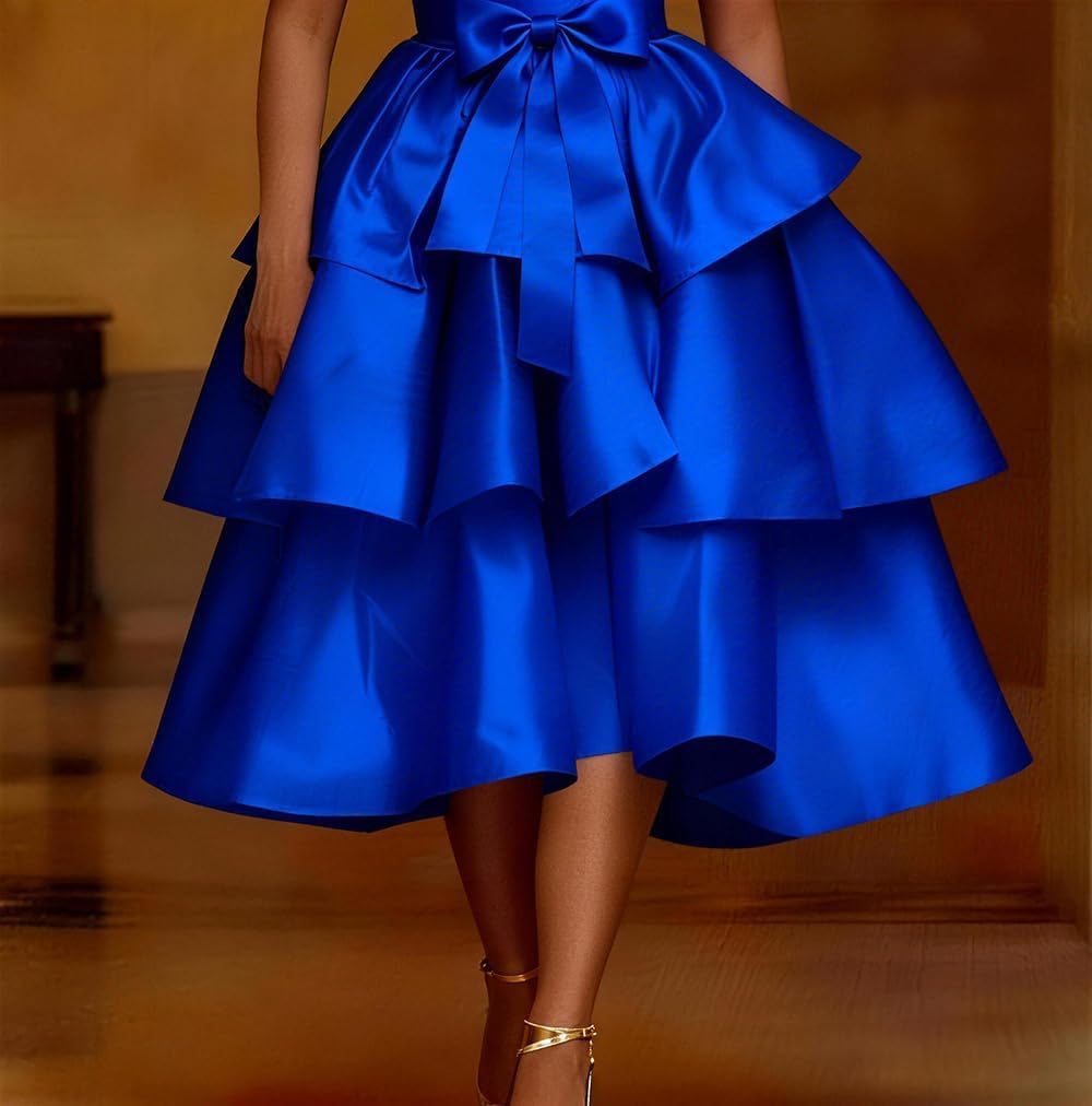 AOMEI Women's High Waist Bow Tiered Ruffle Satin 3-Layered A Line Midi Cake Skirt Party Cocktail